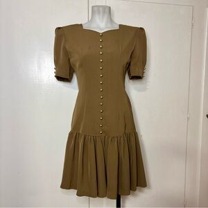 Vintage 80s Gazon Brown Drop Waist Short Puff Sleeve Mini Dress